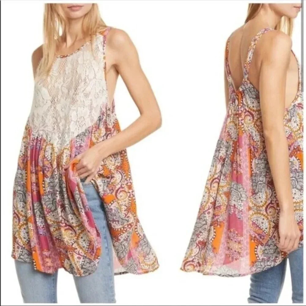 Free People Intimately NWT Orange‎ Paisley Count Me In Tunic Top